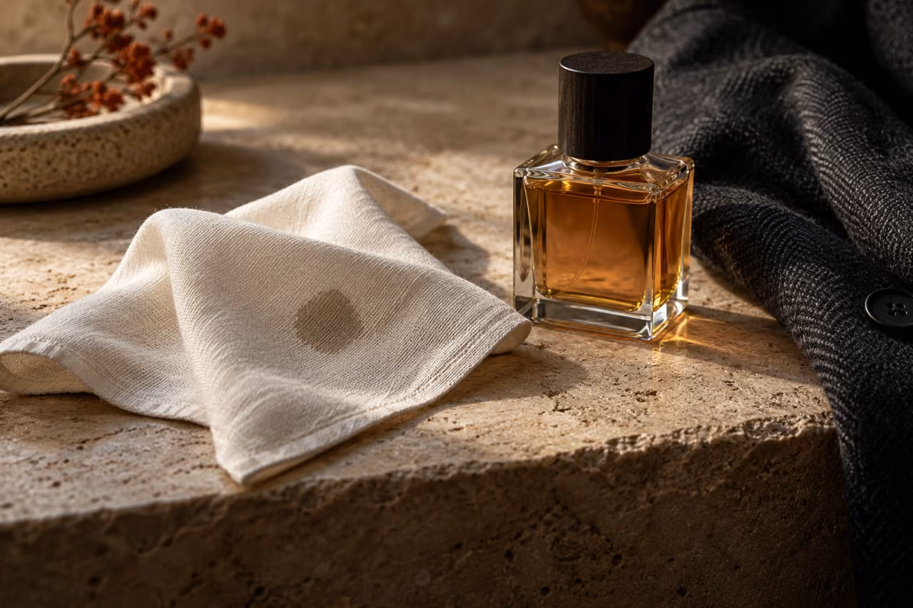 Una marca oscura en una tela clara junto a un frasco de perfume
