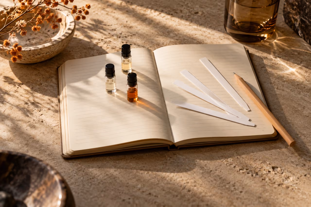 Un cuaderno abierto con muestras de perfume y tiras olfativas