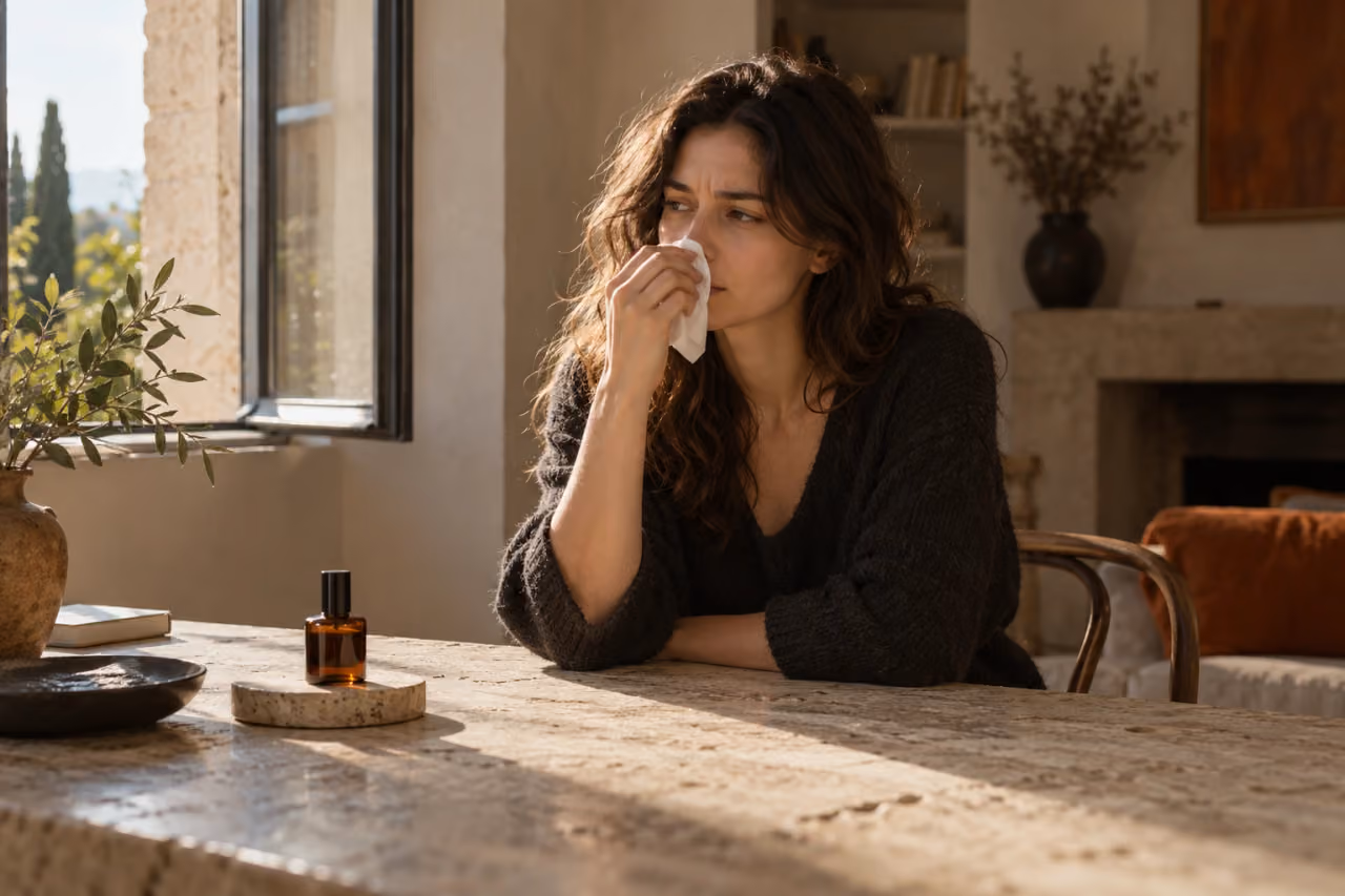 Une personne tenant un mouchoir près d’une fenêtre ouverte, le parfum posé à distance
