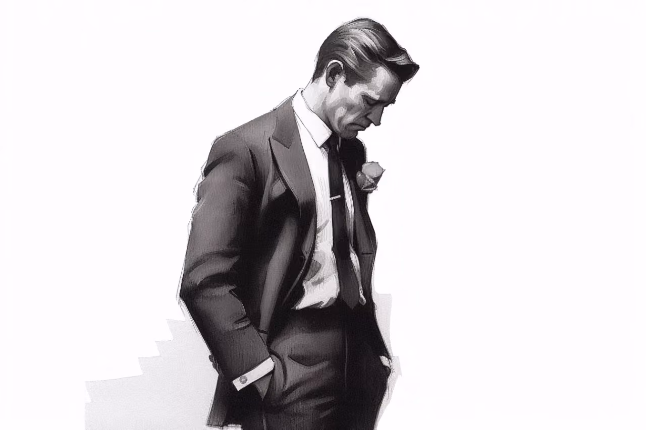 man being sad because his suit has stains from applying perfume on it