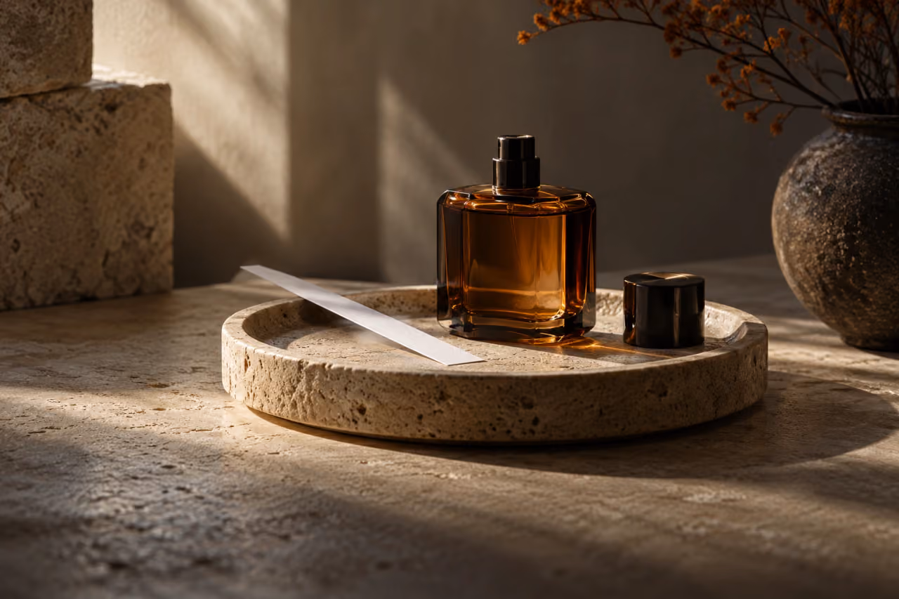 Un frasco de perfume y una tira olfativa sobre una bandeja de piedra
