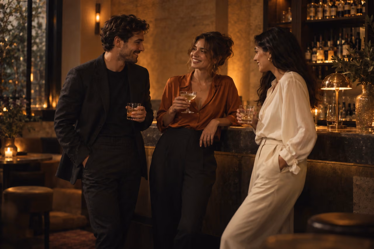 Drei Freunde im Gespräch in einer warm beleuchteten Bar am Abend