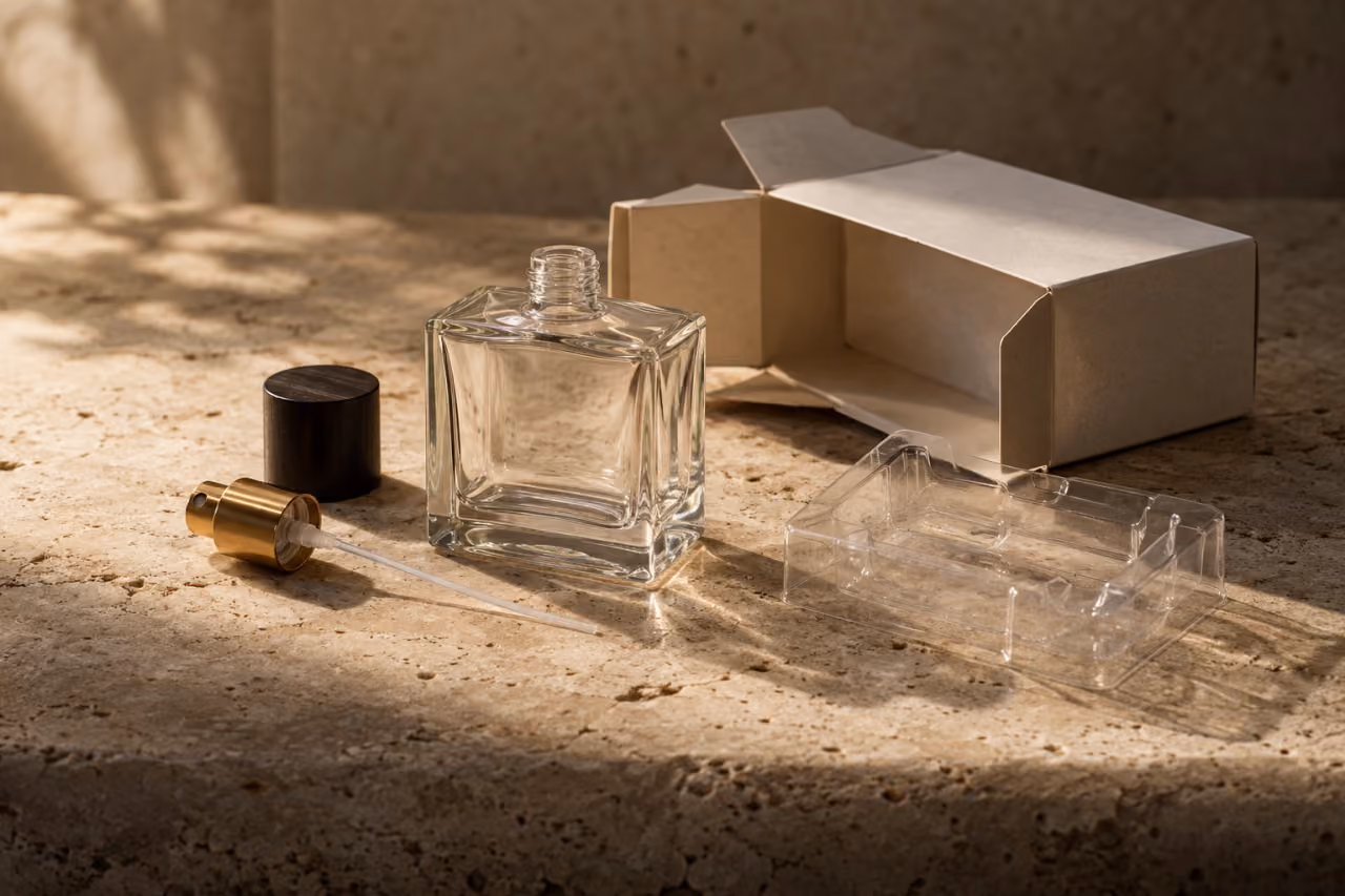 Un frasco de perfume vacío con los componentes del envase separados
