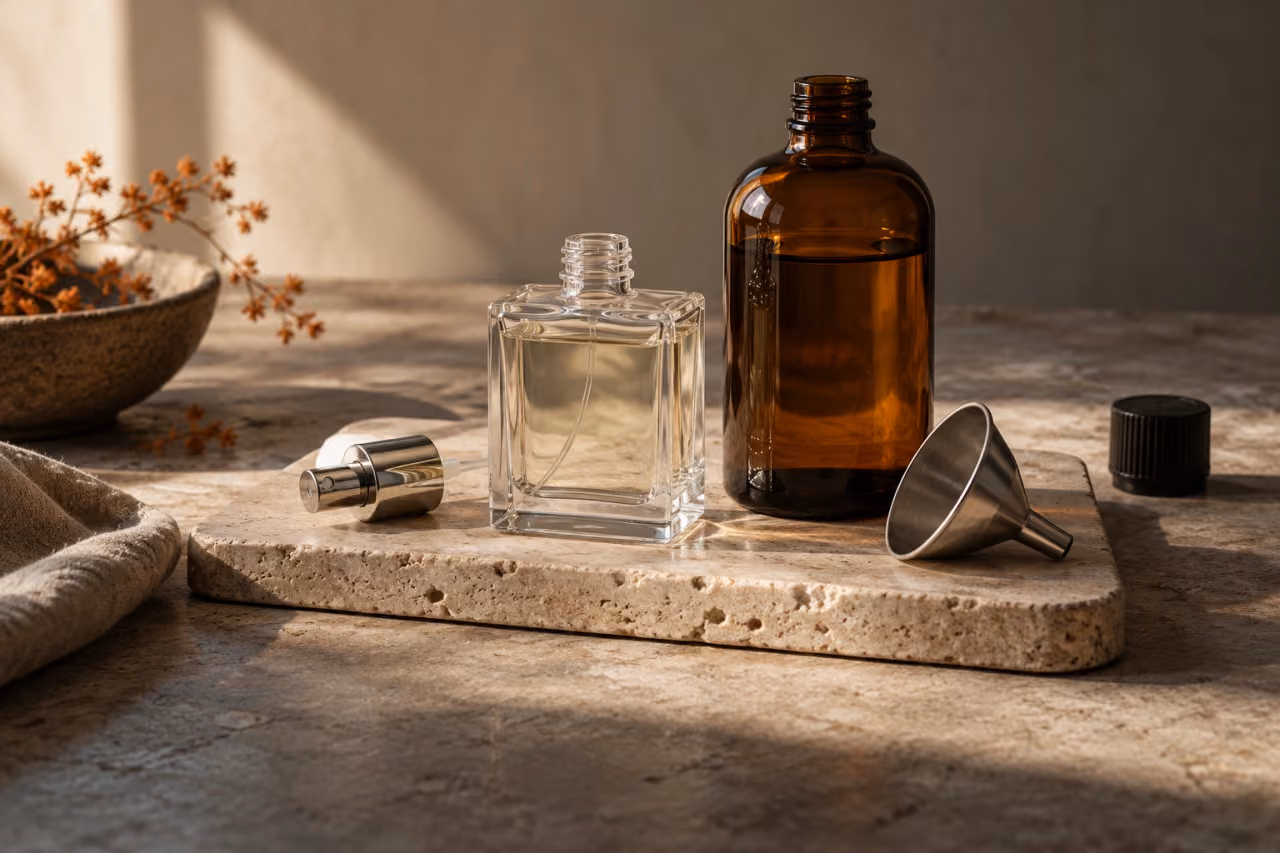 Un recambio, un frasco de perfume reutilizable y un pequeño embudo