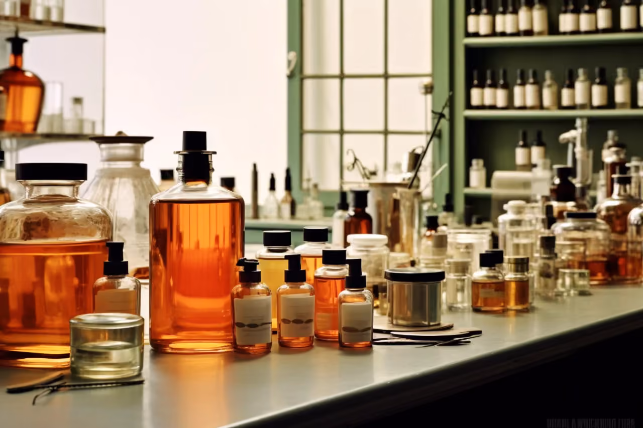Photographie d’un laboratoire de chimie propre et de flacons de parfum contenant des ingrédients synthétiques