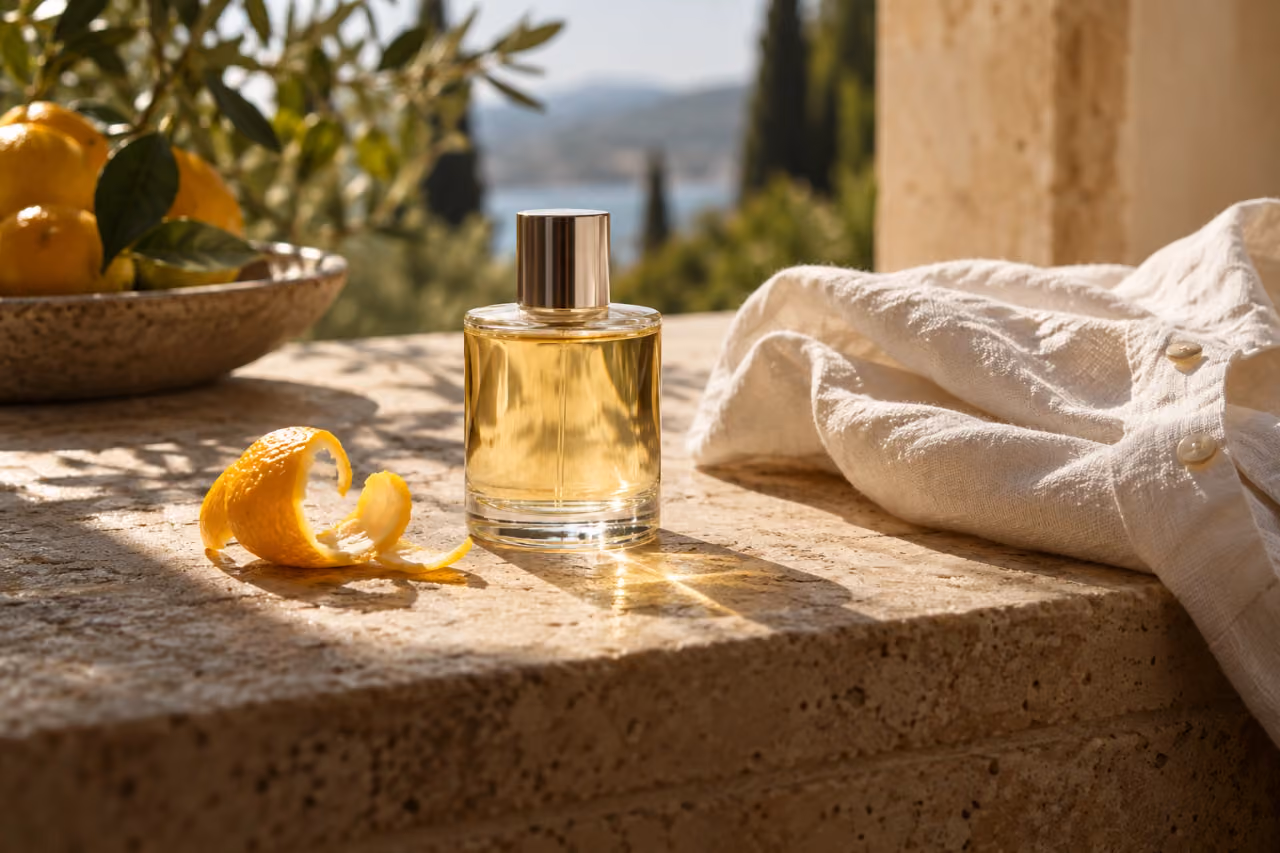 Un frasco de perfume, cáscara de cítrico y lino bajo el sol de verano
