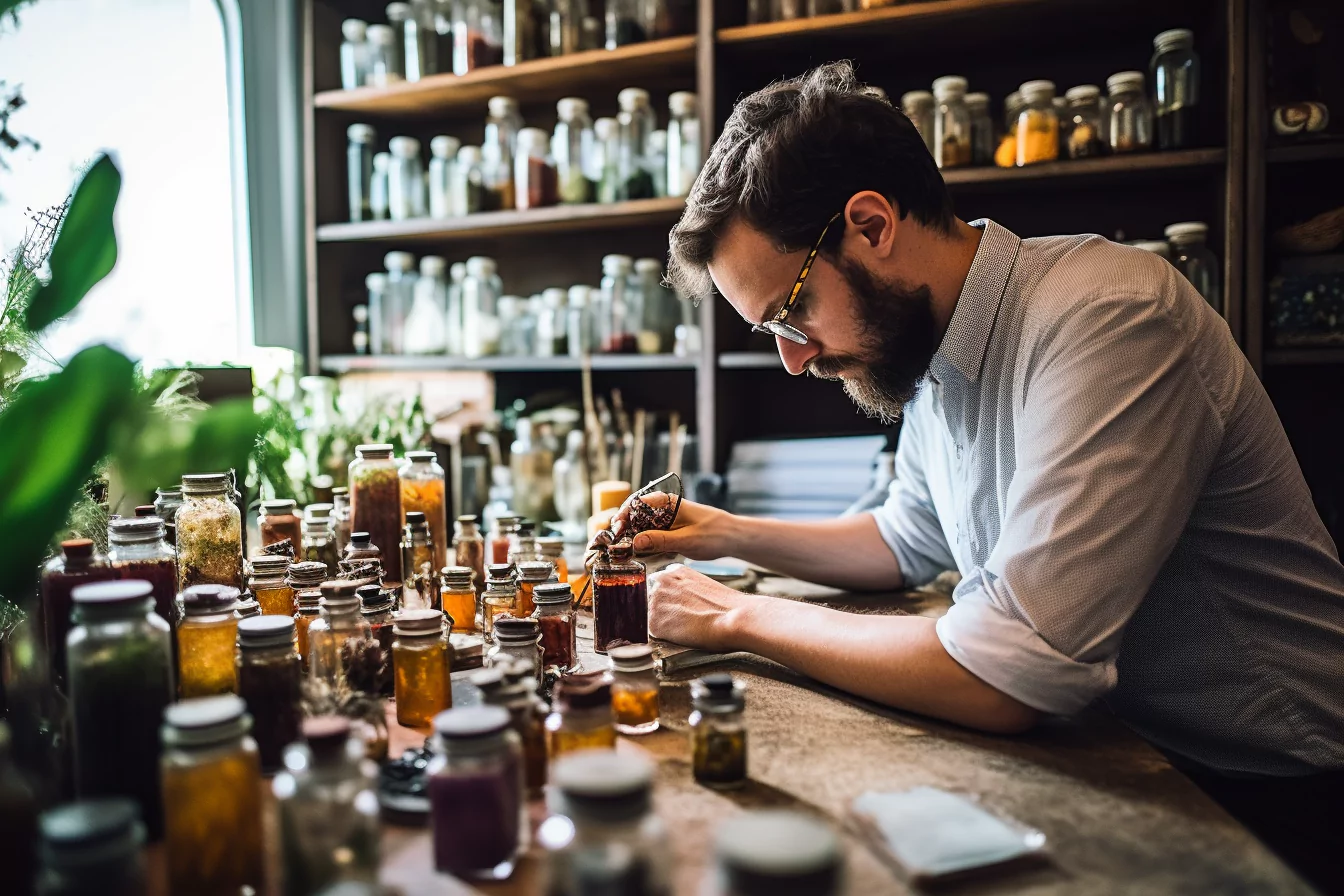 a perfumer testing out different reformulations of his fragrance
